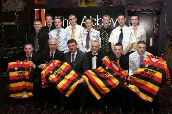 Abbey Past Pupils Sports Association - presentation to MacRory Cup Players 2003/4 Back (L-R) Gerard McCreesh, Stephen Sands, James McGovern, Liam Ferris, Michel Kane, Padraig McCreesh, Kevin McCarthy, Tony Kernan Front (L-R) Caolan Quinn, Mr Dermot McGovern (Headmaster), Mr Aidan O'Rourke, Mr Kevin Moran, Gerard Byrne, Paul Heatley